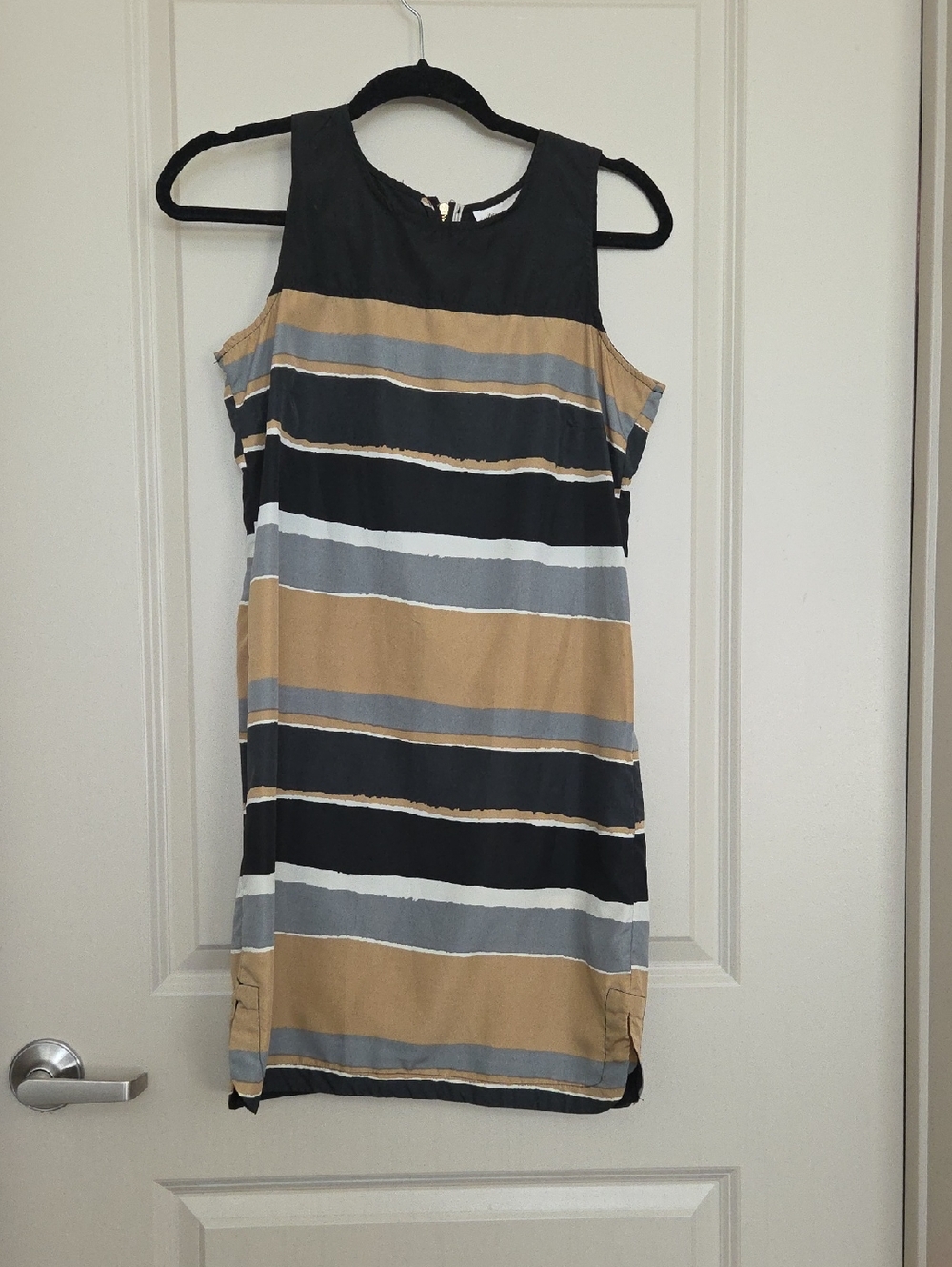 Allison Brittney Striped Sleeveless Shift Dress in Black, Gray & Tan